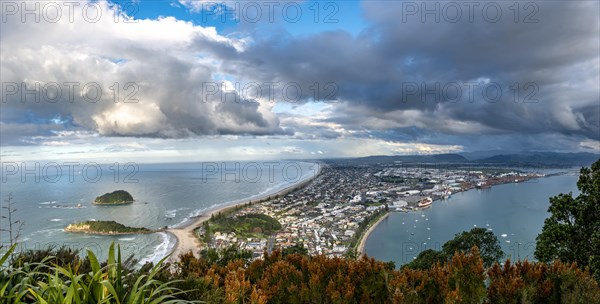 Panoramic view of Mount Manganui district and Tauranga harbour