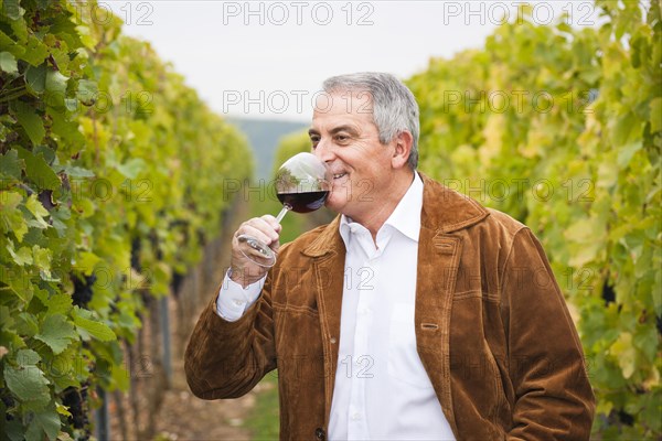Winemaker or vintner standing with a glass of red wine in his vineyard