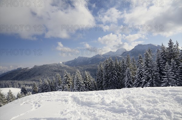 View from the peak of Mt Schwarzenberg to a snow-covered alpine upland and the Wendelstein Range