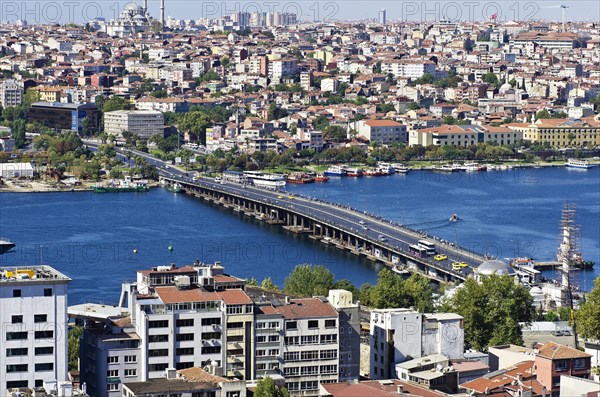 View of Istanbul with the Atatuerk Bridge and the Bosphorus as seen from the Galata tower