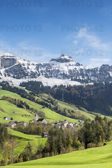 Green pastures in Appenzellerland with the community of Bruelisau and the snow-capped Appenzell Alps