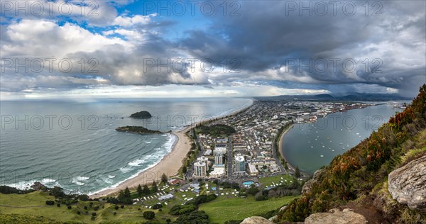 Panoramic view of Mount Manganui district and Tauranga harbour