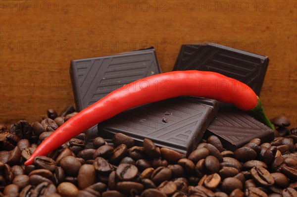 Red pepper and chocolate on coffee beans