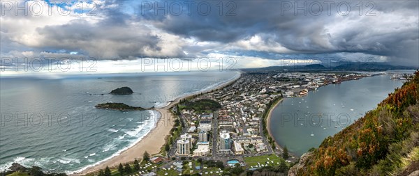 Panoramic view of Mount Manganui district and Tauranga harbour