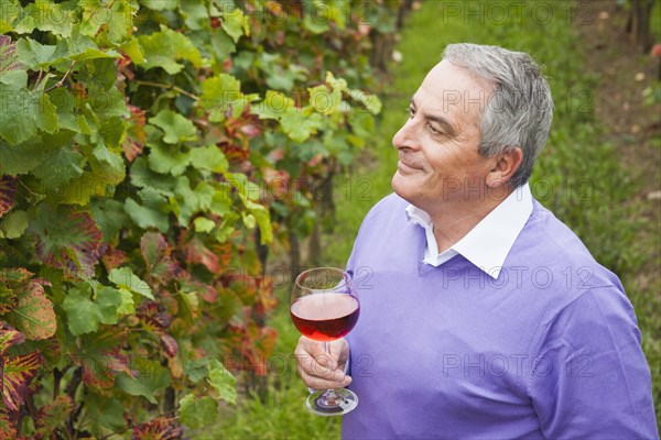 Winemaker or vintner holding a glass of wine in his vineyard
