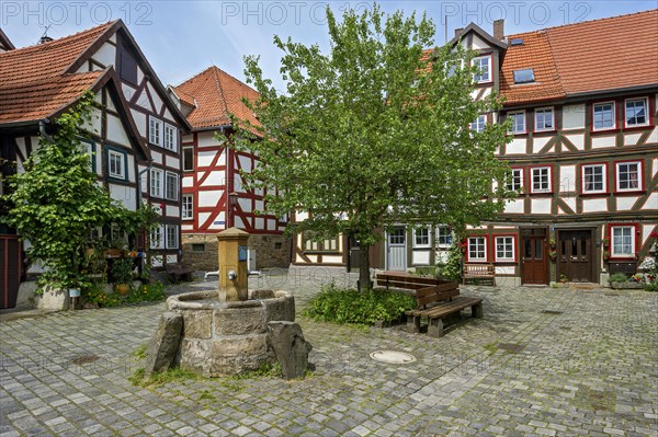 Half-timbered houses and fountain on a small square