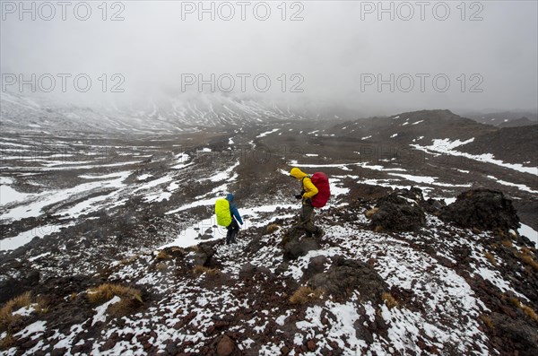 Hikers on hiking trail Tongariro Alpine Crossing in snow over lava fields