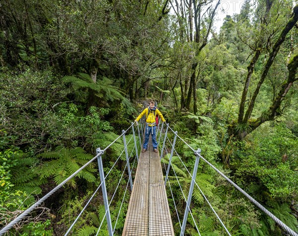 Hiker on suspension bridge in forest