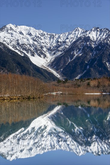 Snow-covered mountains at a lake