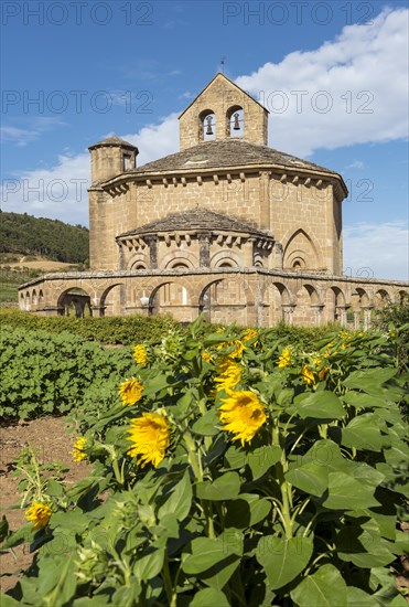 Sunflower field and Church of Saint Mary of Eunate