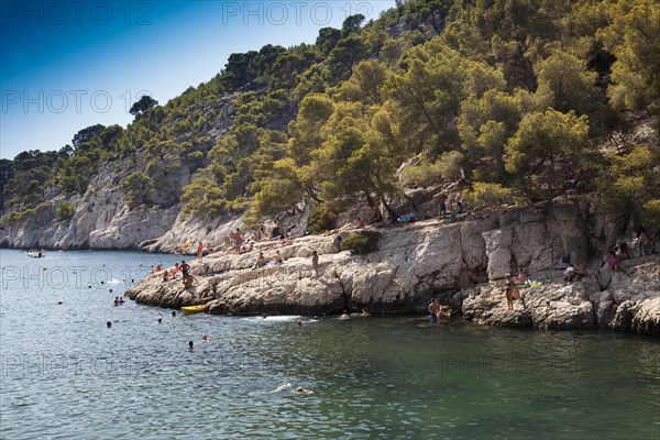 Beach vacationers at the beach in the bay Calanque de Port-Pin