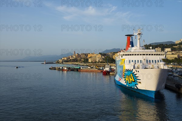 City view with ferry port and ferries