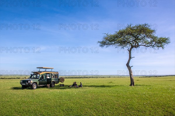 Tourist relax in the shade of an Acacia tree with game viewer in the Maasai Mara National Reserve