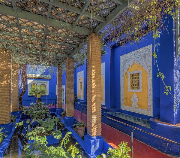 Blue house in the botanical garden Jardin Majorelle