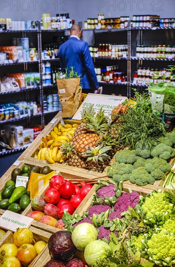 Organic vegetables and organic fruit at a vegetable counter