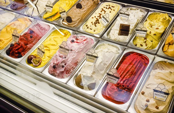 Italian ice cream in the refrigerated counter of an ice cream parlour