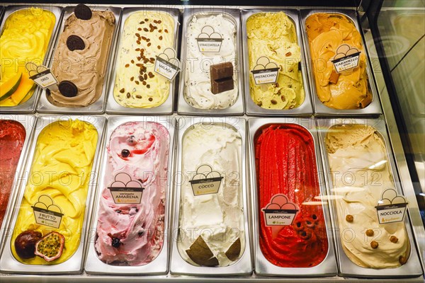 Italian ice cream in the refrigerated counter of an ice cream parlour