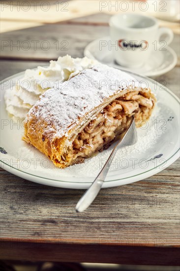 Apple strudel with coffee