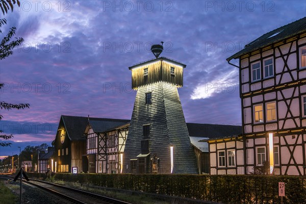 Drilling tower of the graduation facilities at dusk