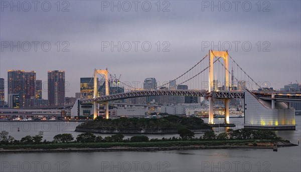 View of skyline with skyscrapers and illuminated Rainbow Bridge in the evening