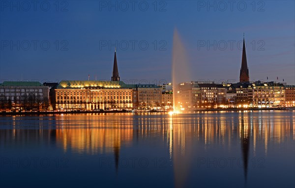 Inner Alster Lake with Alster fountain at the blue hour