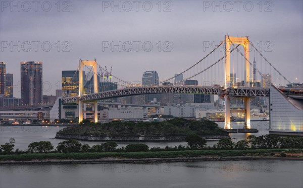 View of skyline with skyscrapers and illuminated Rainbow Bridge in the evening