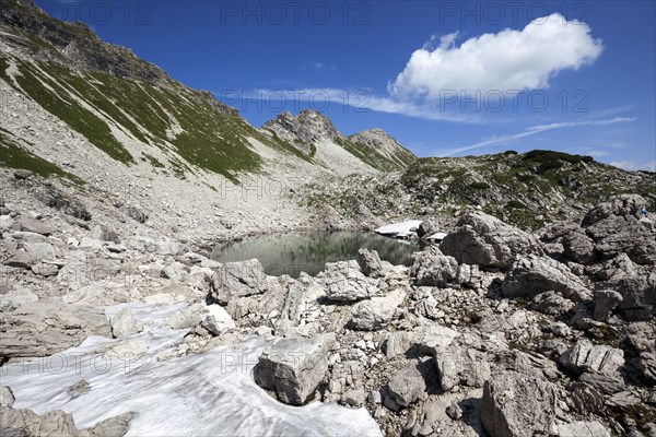 Mountain lake Koblatsee with snow leftovers