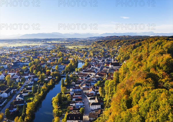 Old Town Wolfratshausen with Loisach and mountain forest
