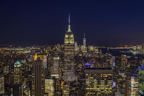 View of Midtown and Downtown Manhattan and Empire State Building from Top of the Rock Observation Center at Night