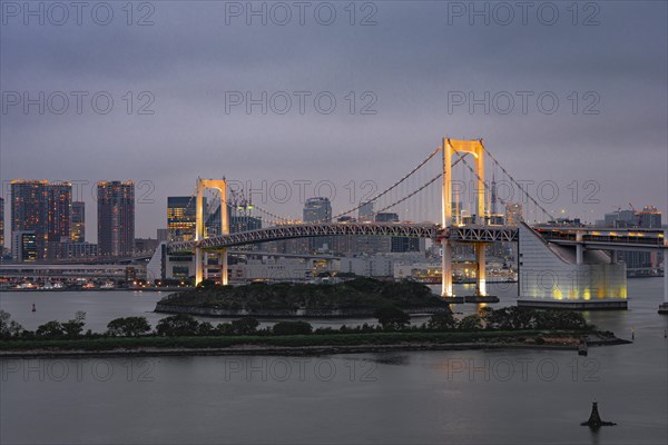 View of skyline with skyscrapers and illuminated Rainbow Bridge in the evening