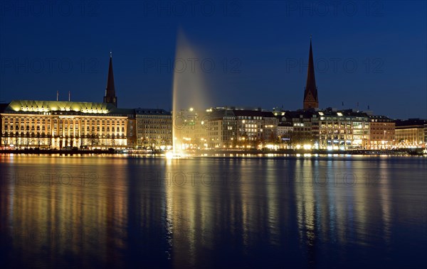 Inner Alster Lake with Alster fountain at the blue hour