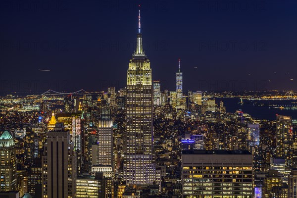 View of Midtown and Downtown Manhattan and Empire State Building from Top of the Rock Observation Center at Night