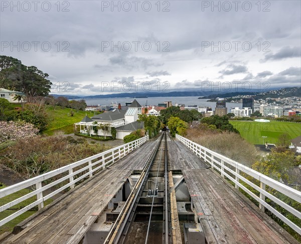 View of Wellington Harbour Bay with tracks of the historic rack railway