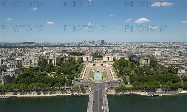 View from the Eiffel Tower to the Jardins du Trocadero with bridge Pont d'Iena and river Seine