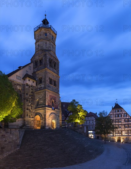 St. Michael with large open stairs at dusk