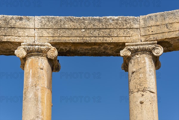 Close-up of Ionic columns and capitals at Oval Plaza