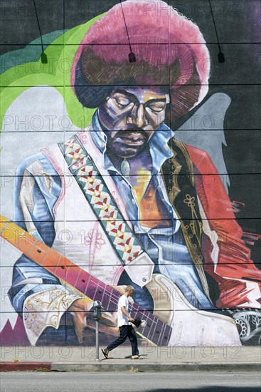 Life-sized mural with Jimi Hendrix at the Guitar Center music store