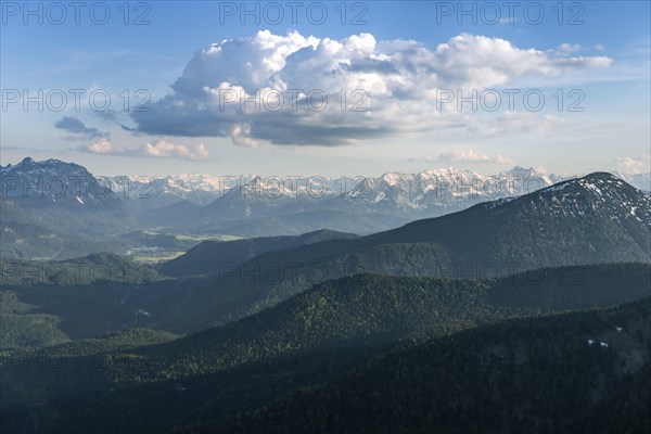 View of Wallgau from the Herzogstand with the Alps