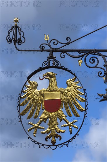 Hanging shop sign with golden eagle