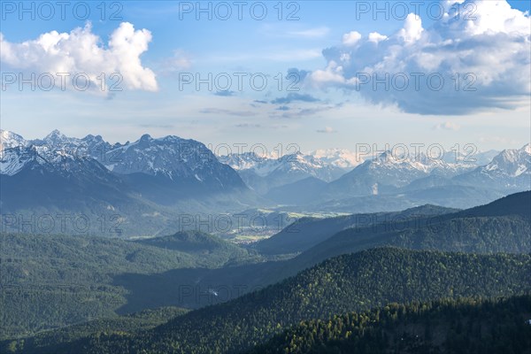 View of Wallgau from the Herzogstand with the Alps