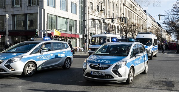 Police cars at the edge of the demonstration