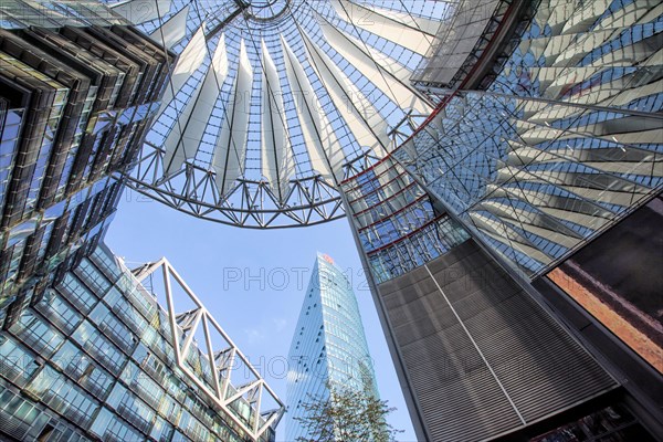 Interior view of the Sony-Center with skyscrapers