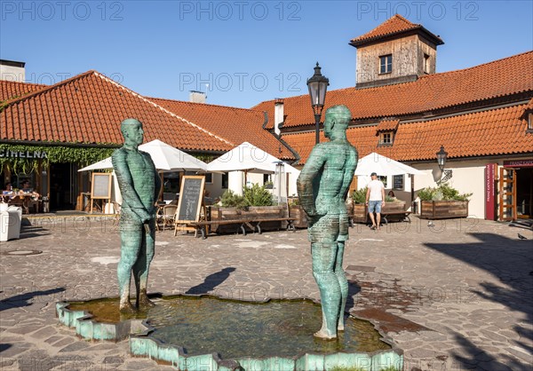 Two male figures peeing