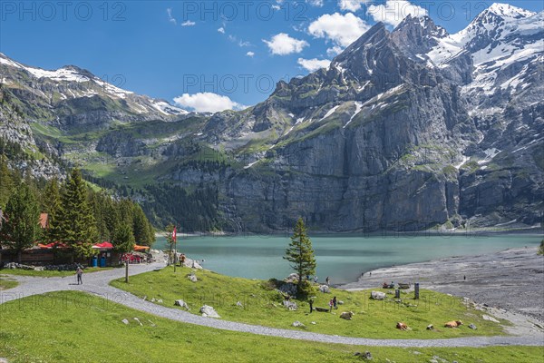 Mountain landscape on Lake Oeschinen with Blueemlisalp