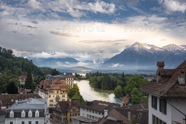 View of the old town with river Aare and Lake Thun