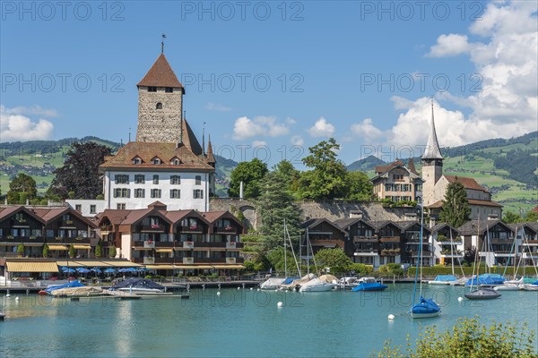 Castle Spiez and Church of Saint Kolumban on Lake Thun