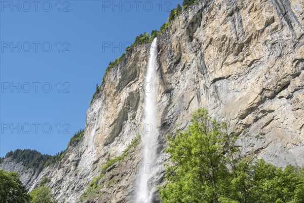 Staubbach Falls tumbling down from a high rock face