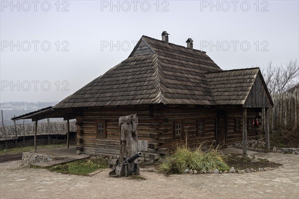 Wooden house in museum of Zaporizhian Cossacks Zaporizhian Sich of Khortytsia