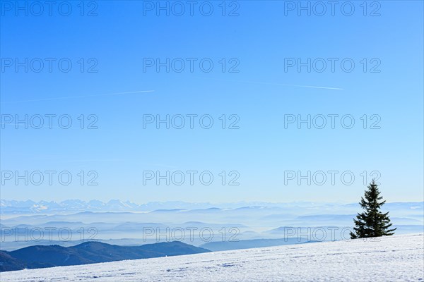 View from the snow-covered summit of the Belchen to mountain ranges and alpine chain Black Forest