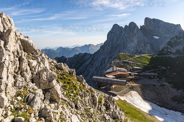 View of Karwendel mountain restaurant and Karwendelbahn mountain station